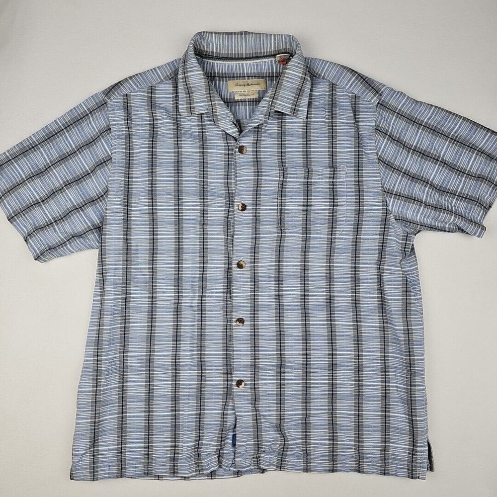 Tommy Bahama Shirt Mens XL Blue Plaid Hawaiian Button Up Silk Cotton Blend Beach